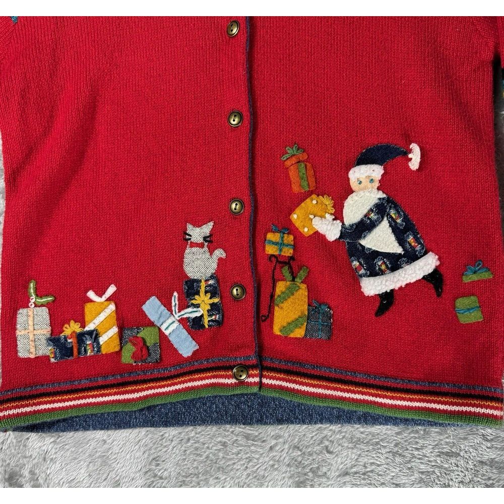 Vtg Christmas Sweater Susan Bristol Womens PM Red Santa Cat 90s Jumper Cardigan